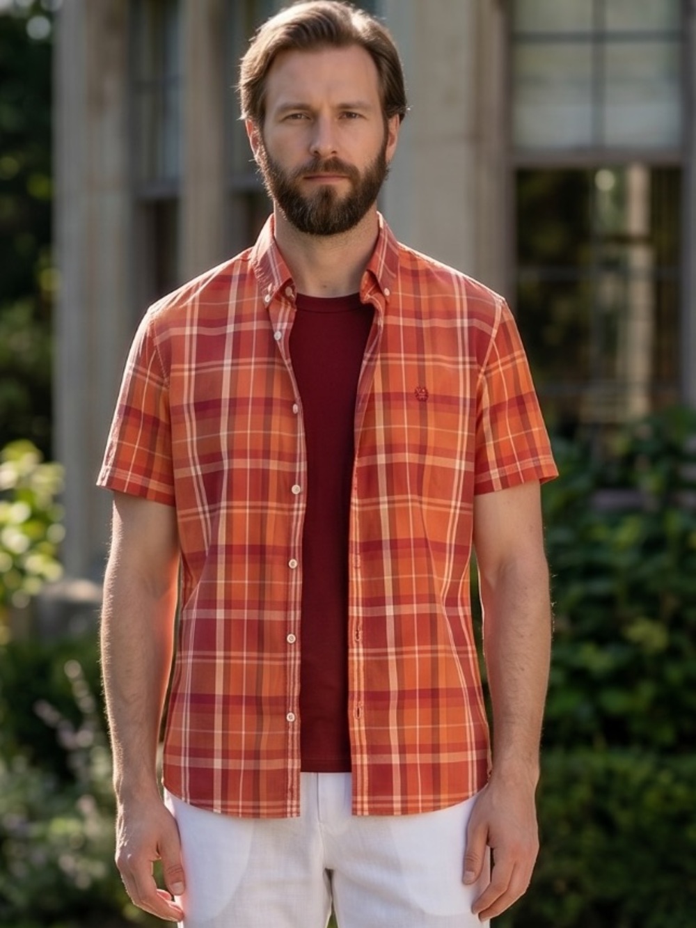 Bean Pole 100 Slim Fit Men’s Medium Orange Red White Plaid Short Sleeves Shirt